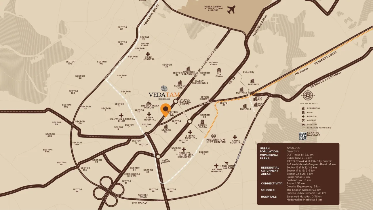 Brochure location map for Vedatam in Sector 14 Gurugram with nearby roads and amenities