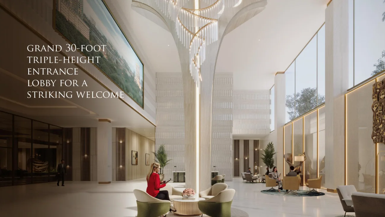 Grand triple-height residence entrance lobby artistic impression